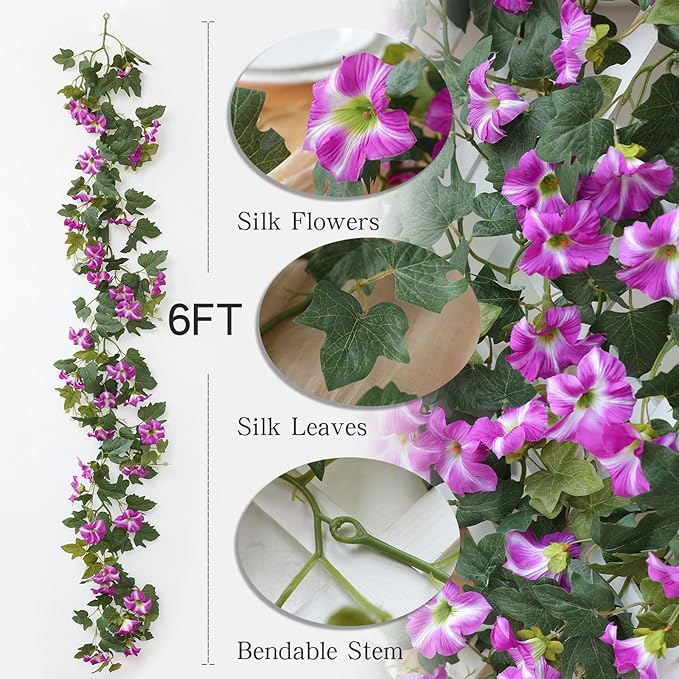 mizii Artificial Petunias Flower Vines Garland 6 Feet Purple Faux Morning Glory Silk Flowers Garland UV Resistant Fake Hanging Vines Plants Decorations for Outdoor Garden Indoor Home Decor (Purple)