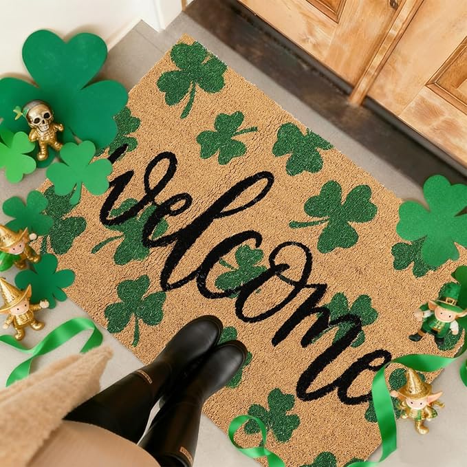 Whaline St. Patrick' s Day Doormat Natural Coir Welcome Floor Mat Green Shamrock Clover Rectangle Entrance Door Rug for Indoor Outdoor Home Bathroom Decor, 16.5 x 29 Inch