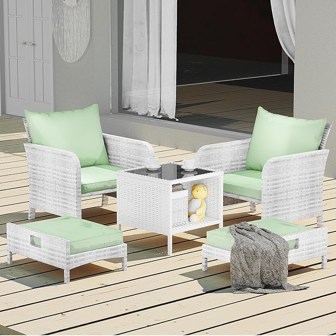 LEVELEVE Balcony Furniture 5 Piece Patio Conversation Set, PE Wicker Rattan Outdoor Lounge Chairs with Soft Cushions 2 Ottoman&Glass Table for Porch, Lawn-Grey Wicker