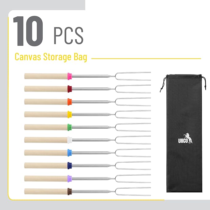 UNCO- Marshmallow Roasting Sticks with Bag, 32”, 10 Pack, Extendable Stainless Steel Smores Sticks for Fire Pit, Smores Skewers, Campfire Cooking Equipment