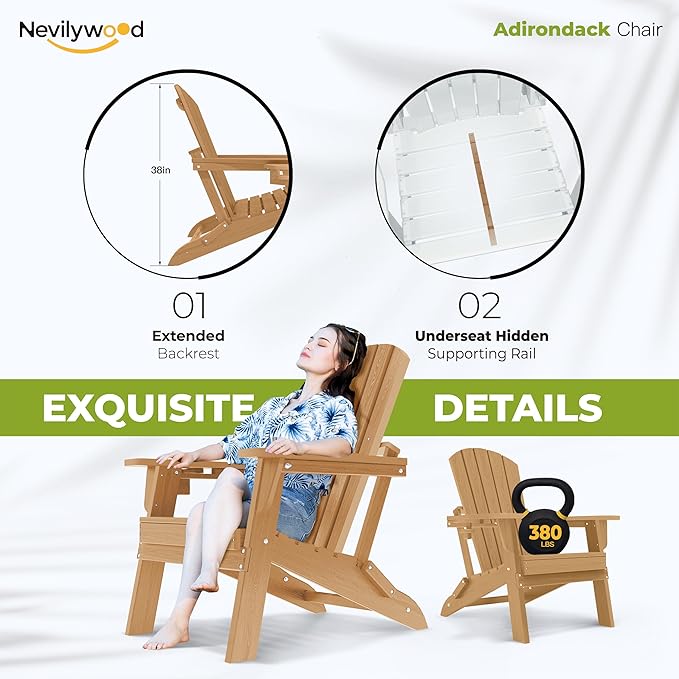 nevilywood Folding Adirondack Chair with Cup Holder Set of 4, HDPE Patio Chairs,All-Weather Outdoor Chairs for Backyard, Deck,Fire Pit-TeakBrown