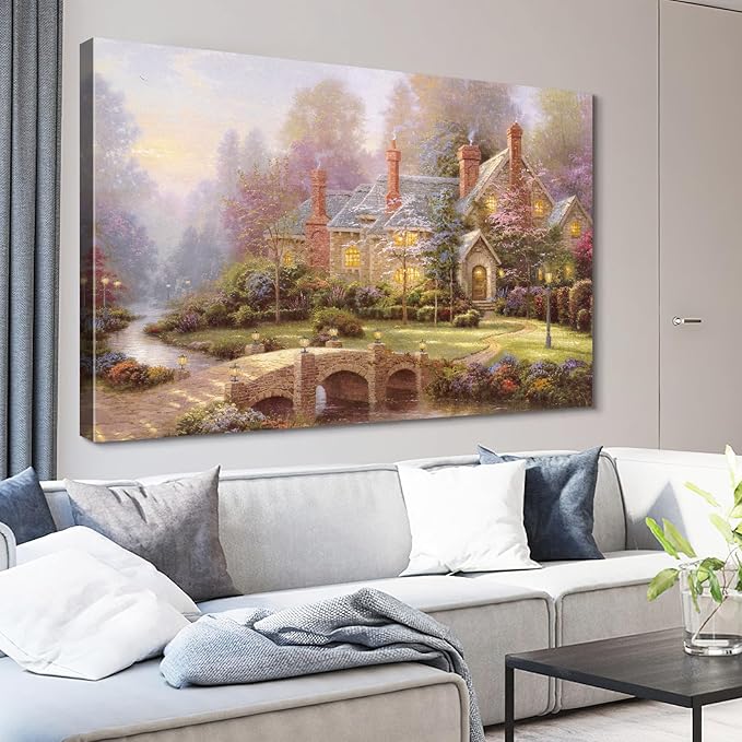 STUDIO HAVEN Thomas Kinkade Canvas Wall Art, Riverfront Manor Stone Bridge Grand Cottage Lush Garden and Misty Stream Oil Painting Poster Rustic Wall Decor, Framed Prints for Home Decor, 36x24Inch