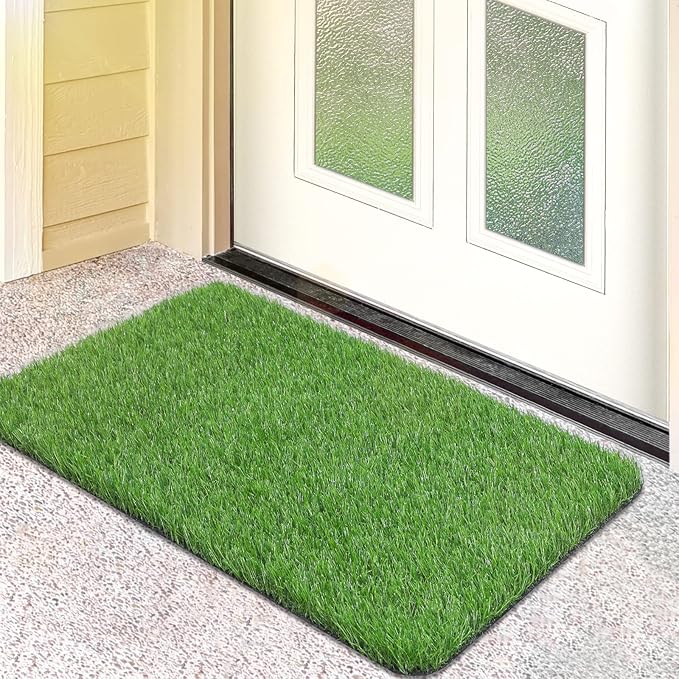 Artificial Grass Door Mat, Turf Grass Front Door Mats Outdoor/Indoor, Realistic Fake Grass Rug for Entrance, Dog, Patio, Camper, Home Decor, 17” x 30”