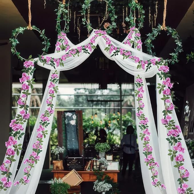 2 Pcs Artificial Flowers Garland for Outdoors Purple Faux Gardenia Garland 12Ft Silk Rose Hanging Vines Floral for Wedding Arch Party Wall Garden Ceremony Backdrop Fence Spring Decor