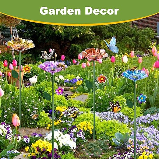 4 Pack Bee Watering Station, Bee Bath for Garden, Colorful Metal Bee Bird Butterfly Water Feeder Supplies for Outdoor Garden Yard Farm Decor Flower Design (Blue, Yellow, Orange, Purple)
