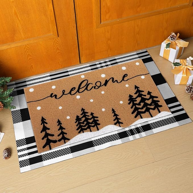 Tinideya 2 Pcs Winter Door Mat Christmas Welcome Non Slip Coir Mats Floor Layering Christmas Tree Snowy Black White Buffalo Plaid Doormats Seasonal for Front Porch Entryway Decor(Snowy Tree)