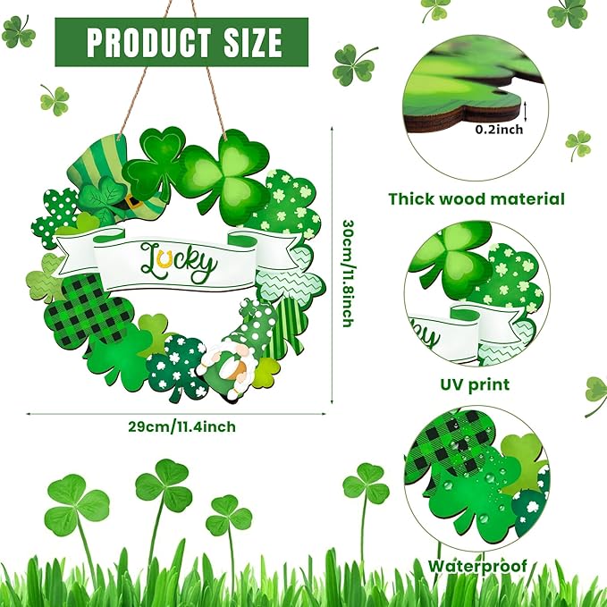 St. Patrick's Day Shamrock Door Sign, 11.5" Shamrocks Welcome Sign For Front Door Spring Rustic For Happy St. Patrick's Day Party Front Door Wall Home Decorations with Rope Outdoor Indoor Decor