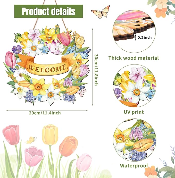 Spring Door Sign, 11.5" Flower Welcome Spring Door Hanger Decor for Front Door Rustic Flower Wall Pediments for Spring Easter Party Outdoor Indoor Front Door Decor