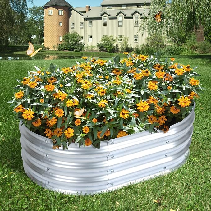 Aoodor Galvanized Raised Garden Bed Kit, 3 x 2 x 1 Ft, Oval Planter Box for Vegetables, Flowers, and Herbs, Outdoor Use, Silver