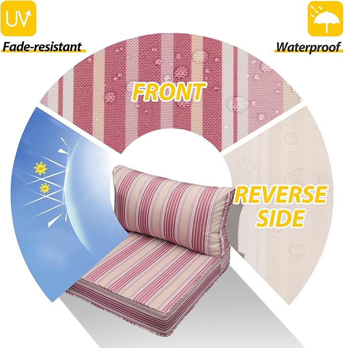 AAAAAcessories Outdoor Seat Cushions for Chairs, Fade-Resistant, Waterproof Patio Furniture Replacement Cushions, 25.5" x 25.5" x 5" + 25.5" x 13.5", Set of 4, Dusty Rose Garden Stripe