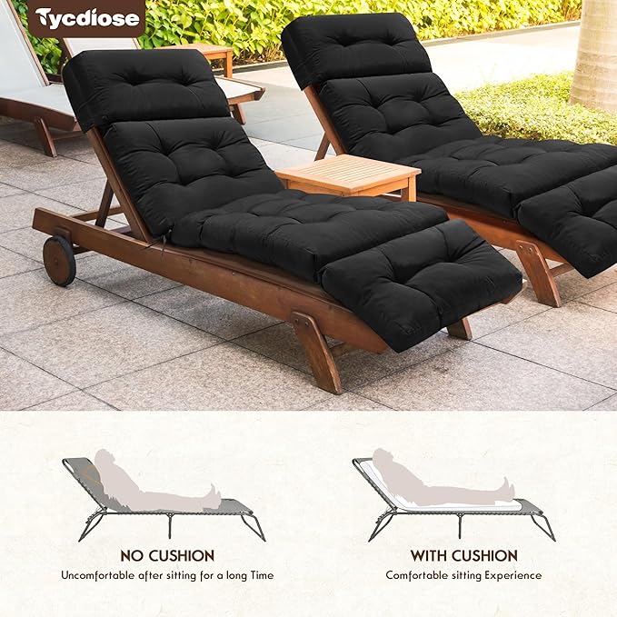Chaise Lounge Cushions Outdoor Set of 2, 74.4 x 22 x 4.7 Inches Thickened Lounge Chair Cushions Waterproof for Outdoor Furniture with Ties, Non-Slip Patio Pool Chaise Lounge Cushions, Black