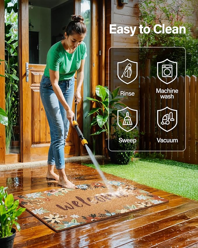 Door Mat Welcome Outdoor Mat: Artificial Coir Doormat for Outdoor Outside Indoor Entrance - Front Door Mats Non-Slip Backing Washable Fall Mat for Home Porch Entry (Floral Welcome Matt, 17"x 30")