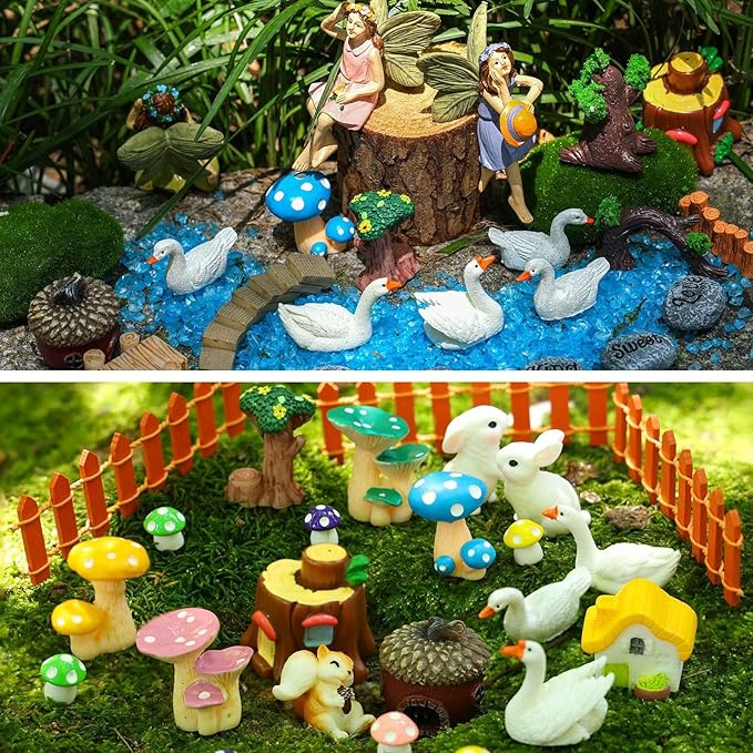 92 PCS Mini Fairy Garden Accessories Kit Cute Tiny Figurines Set DIY Micro Landscape Decor Resin House Bridge Animal Plant Ornament for Terrarium Dollhouse Succulent Craft Potted Horticulture