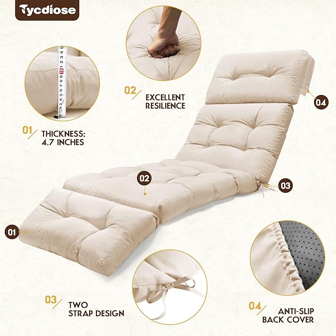 Outdoor Chaise Lounge Chair Cushion Set of 4, Thickened 74.4 x 22 x 4.7 Inches Memory Foam Waterproof Lounge Chair Cushions Replacement for Outdoor Furniture with Ties, Beige