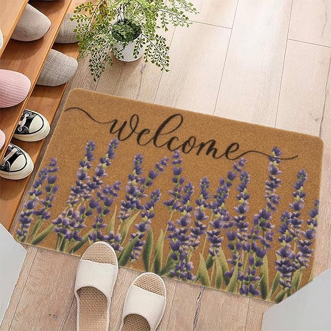 Lavender-Welcome-Doormat for Indoor Outdoor Entrance Floral-Spring-Summer-Door-Mats Non Slip Coir Seasonal Doormat 17 x 29 Inches