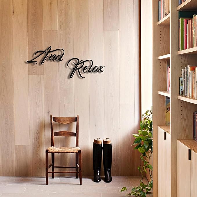 LIYAOLI Black Metal Relaxing Wall Art, And Relax Sign Modern Letter Decor for Bathroom, 3D Words Metal Decorative Sign for Home Living Room Bedroom Zen Room Spa