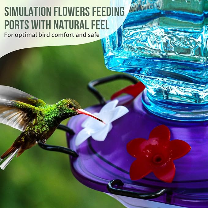 Hummingbird Feeder for Outdoors, Lantern Shaped Bottle, 6 Simulation Flowers Feeding Ports, 26 fl.oz, Hanging for Garden Yard, Rust Proof, Blue(Ant Moat Included)