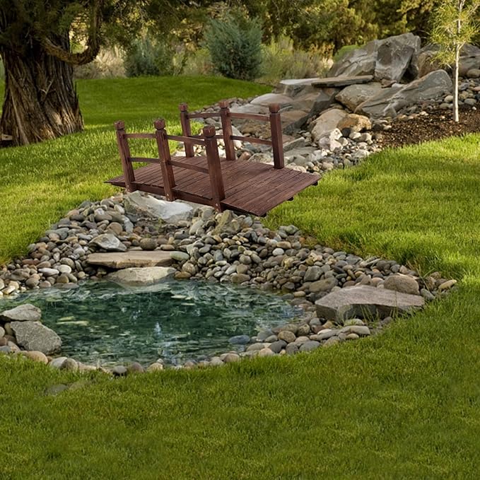 Outvita 5 ft Garden Wooden Bridge Arch Stained Finish with Safety Rails Outdoor Footbridge for Backyard Creek Farm, Decorative Pond Bridge
