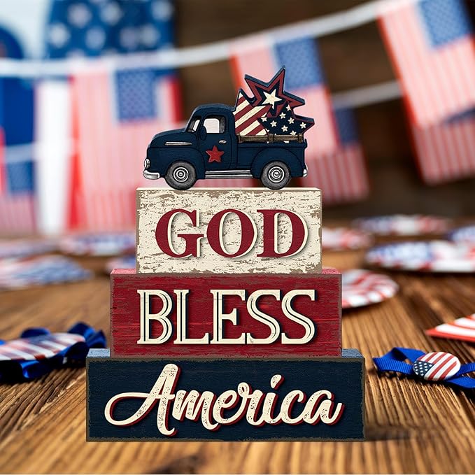 4 Pcs 4th of July Patriotic Table Decor Memorial Day Red White Blue Truck Wood Sign Rustic God Bless America Tabletop Centerpiece Block Independence Day Tiered Tray Decor for Home Office Shelf