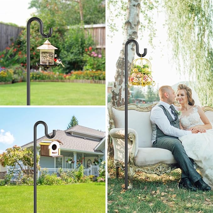 Bird Feeder Pole 76 Inches Shepherd Hooks for Outdoor, Heavy Duty Bird Feeder Pole for Garden Decor, Black Shepherd Stand for Plant Baskets Wind Chime with 5 Base Prongs