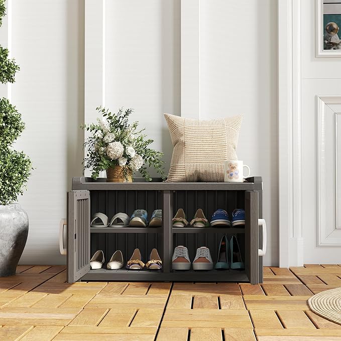KAMABOKO Shoe Storage Cabinet Waterproof UV-Resistant, Entryway Storage Bench Indoor Outdoor with 2 Barn Doors, Adjustable Shelves for Entryway, Bedroom, Hallway,Living Room(Grey)