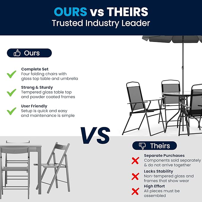 Flash Furniture Nantucket 6-Piece Patio Dining Set with Glass Table, 4 Folding Chairs, and Umbrella, Outdoor Patio Set, Black