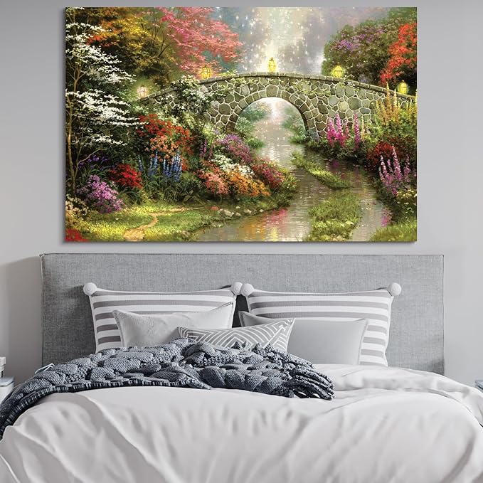 STUDIO HAVEN Thomas Kinkade Canvas Wall Art, Flower Filled Stream Stone Arch Glowing Lanterns Misty Ambiance Oil Painting Poster Rustic Landscape Wall Decor, Framed Prints for Home Decor, 36x24Inch