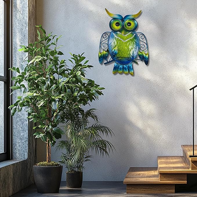 LIFFY Cute Metal Owl Wall Decor - Unique Outdoor Wall Art Decoration - Glass Hanging Wall Owl Decor Brighten Up Patio, Porch or Door, Garden Decoration, Birthday Gift Ideas