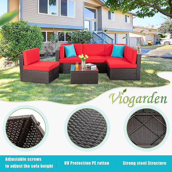 Vongrasig 7 Piece Patio Furniture Sets with 45 Inch Fire Pit Table All Weather PE Wicker Rattan Outdoor Sectional Sofa Couch Conversation Set w/Glass Table for Lawn, Garden, Backyard (Red)