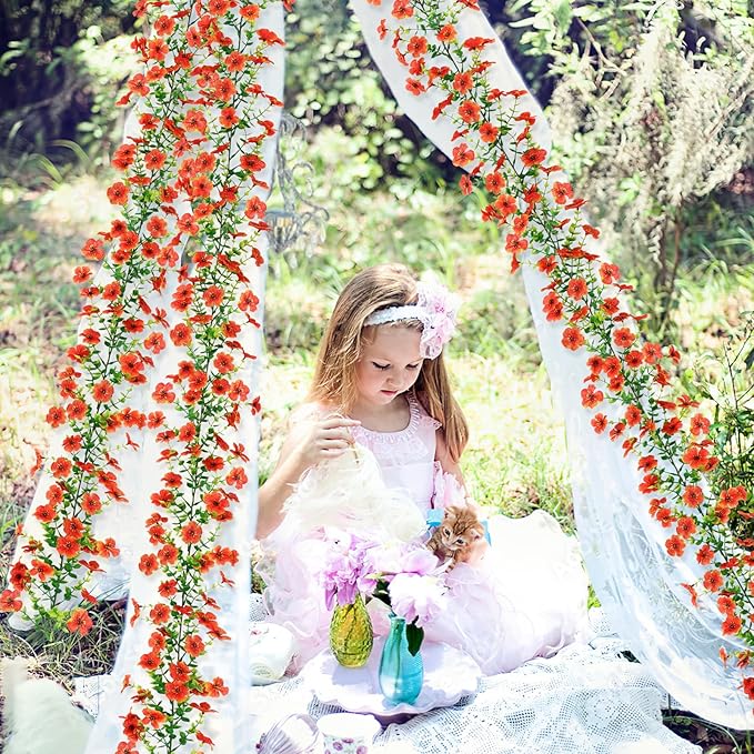 2 Pack Artificial Flowers Garland Ivy,Spring Summer Decor UV Resistant Fake Daisy Vines Floral Vine Silk Hanging Flower for Decor Home Garden Wedding Photo Booth Backdrop (Orange)