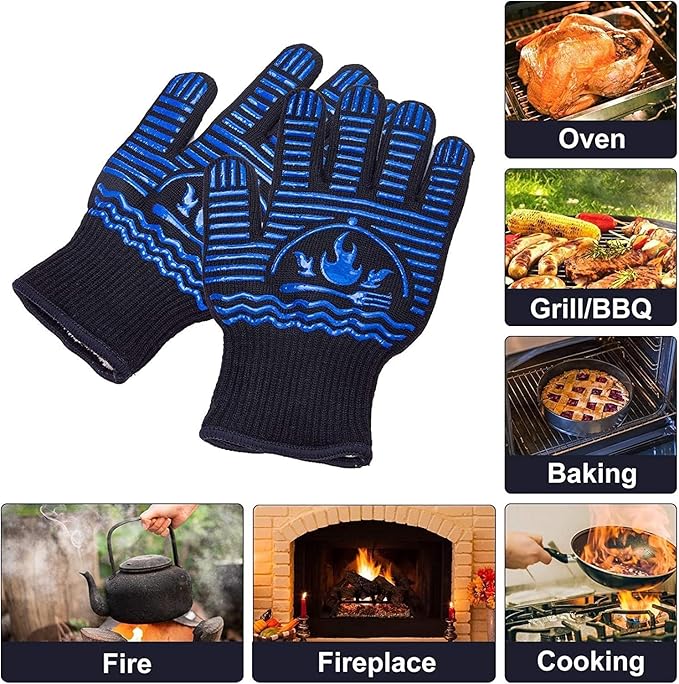 BBQ Gloves, 1472°F Extreme Heat Resistant Grill Gloves, Non-Slip Food Grade Silicone Oven Mitts Gloves for Kitchen, Cooking, Barbecue, Baking, Smoker (9inch)