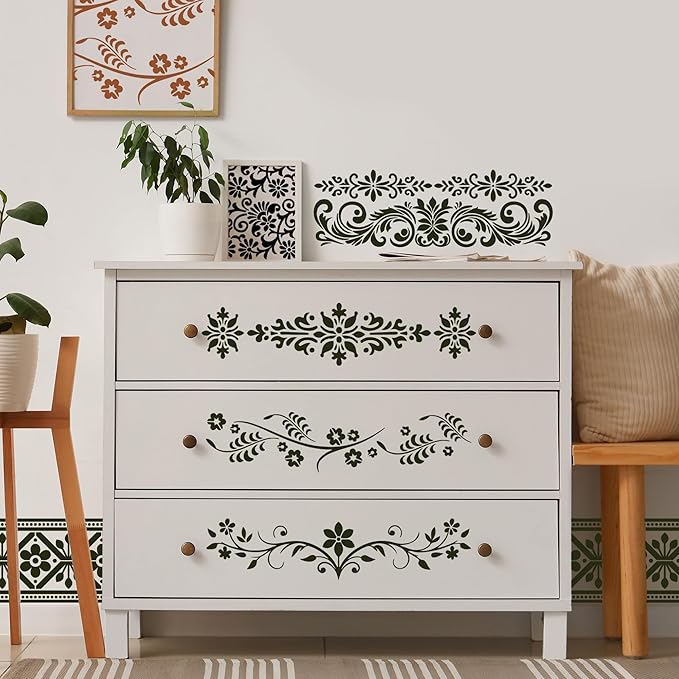 Flower Border Stencils for Painting - 12 Pcs Corner Border Stencils for Crafts Reusable, Mexican Art Floral Lace Stencil, Large Wall Stencil for Painting on Wood Wall Canvas