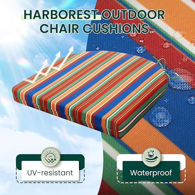 HARBOREST Outdoor Chair Cushions Set of 4, Water Resistant Patio Chair Cushions with Ties, Outdoor Seat Cushions for Patio Furniture, 17"x16"x2", Rainbow Stripes
