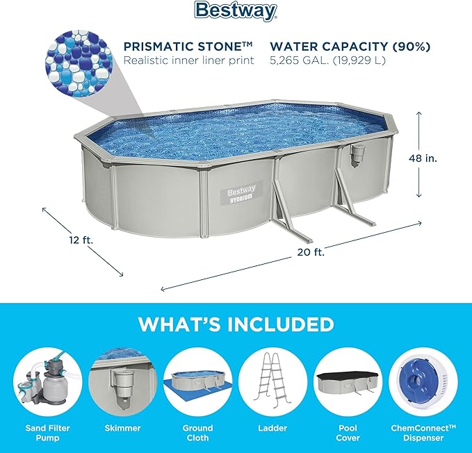Bestway Hydrium 20' x 12' x 48" Above Ground Pool, Oval Steel Side Wall Frame Outdoor Swimming Pool Set with Sand Filter Pump, Ladder & Accessories