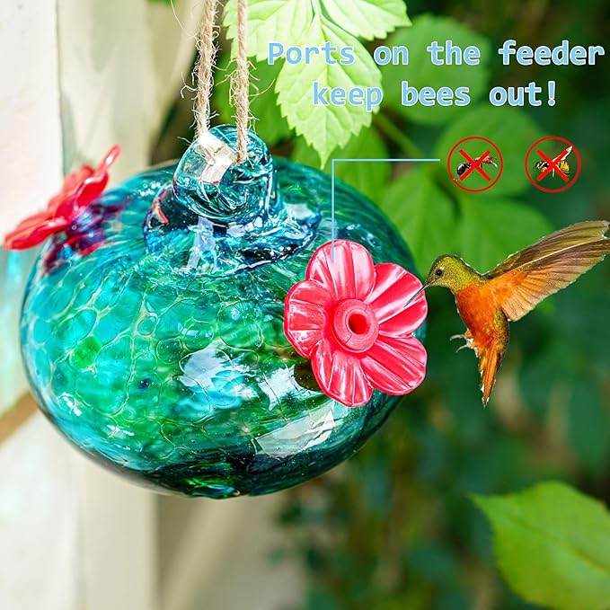 3inch Blown Glass Hummingbird Feeders for Outdoors Small Glass Hummingbird Feeders to Attract Hummingbirds Ant and Bee Resistant Round Feeder Unique Gifts for Woman - 2 Feeding Ports