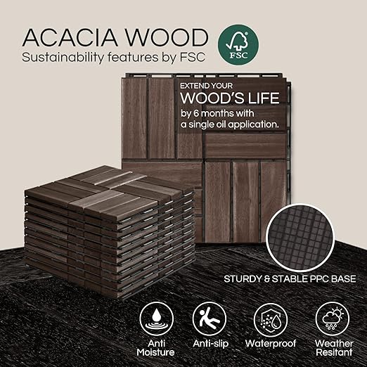 30 Pcs Deck Tiles, Patio Flooring - Outdoor Waterproof Acacia Wood Tiles for All Weather Use - Balcony, Backyard, Indoor & Outdoor (Golden Teak Crossed Pattern, 30 Square Ft)