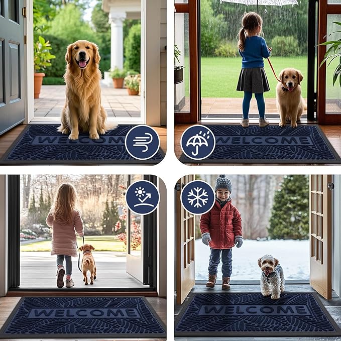 Smiry Welcome Mat Indoor Outdoor, All-Season Waterproof Front Door Mat, Sturdy Natural Rubber Doormat, Non-Slip, Easy Clean, Low Profile Dirt Trapper for Porch Patio Entrance, 59x34, Navy