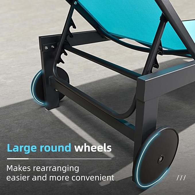PURPLE LEAF Outdoor Chaise Lounge with Wheels for Outside 4 Pieces Aluminum Patio Lounge Chair with 5 Adjustable Position Recliner for Patio Beach Yard Pool Side Table Included Turquoise Blue