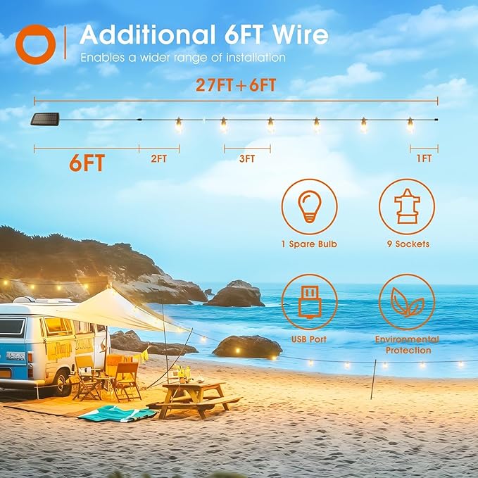 addlon 33FT (27+6) Solar String Lights for Outside Outdoor Waterproof with USB Port & Remote Control Solar Patio Lights Last for 20+Hrs Dimmable Solar Power LED Bulbs Hanging for Porch Garden Bistro