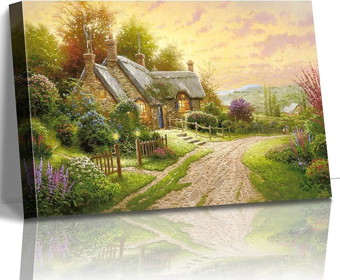 STUDIO HAVEN Thomas Kinkade Canvas Wall Art, Thatched Cottage Country Lane Colorful Flowers Sunset Glow Oil Painting Poster Rustic Wall Decor, Framed Prints for Home Decor, 48x32Inch