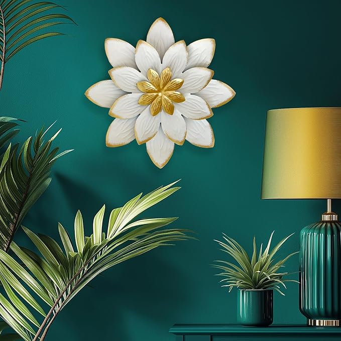 LIFFY 9.2“ White and Gold Metal Flower Wall Art, Modern Rustic Floral Decor for Indoor Living Room Bedroom Office Outdoor Garden Patio Yard