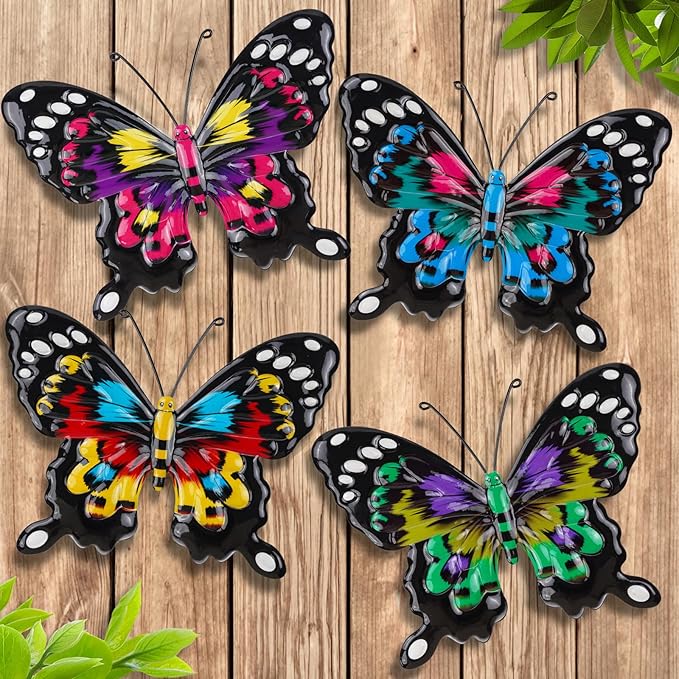 ULENDIS 4 Pack Metal Butterfly Wall Art Outdoor Decor, 9.8in Colorful Fence Wall Art Decor, Wall Sculpture Hanging Decoration for Garden Yard Living Room Bedroom Patio Balcony(D)