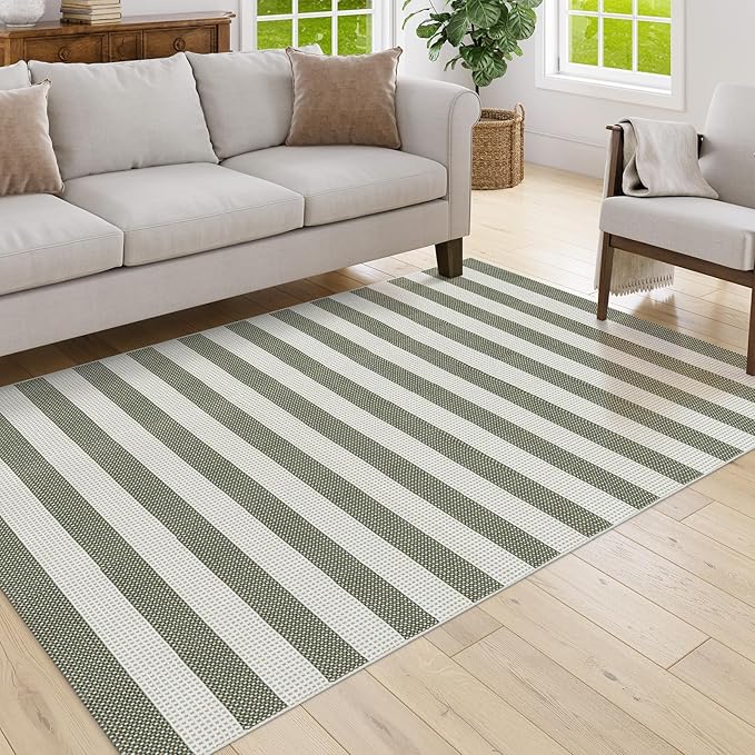 Green and White Striped Outdoor Rug 5x7, Washable Cotton Woven Patio Rug, Reversible Foldable Front Porch Decor Indoor Outdoor Rugs for Farmhouse/Living Room