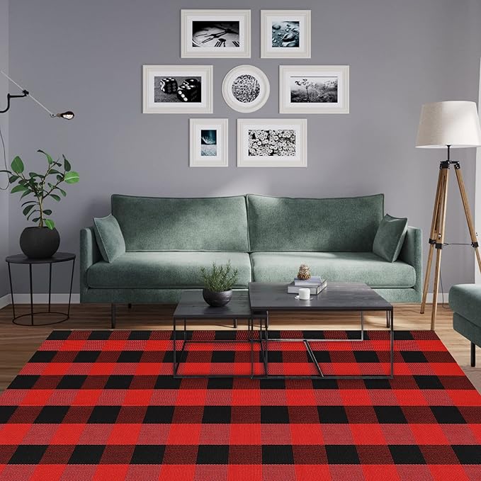 MUBIN Cotton Buffalo Plaid Rug, 4'x6' Black and Red Outdoor Rug Front Door Decorative Mat, Hand-Woven Foldable Rug for Layered Door Mats Washable Carpet for Front Porch, Entryway, Farmhouse