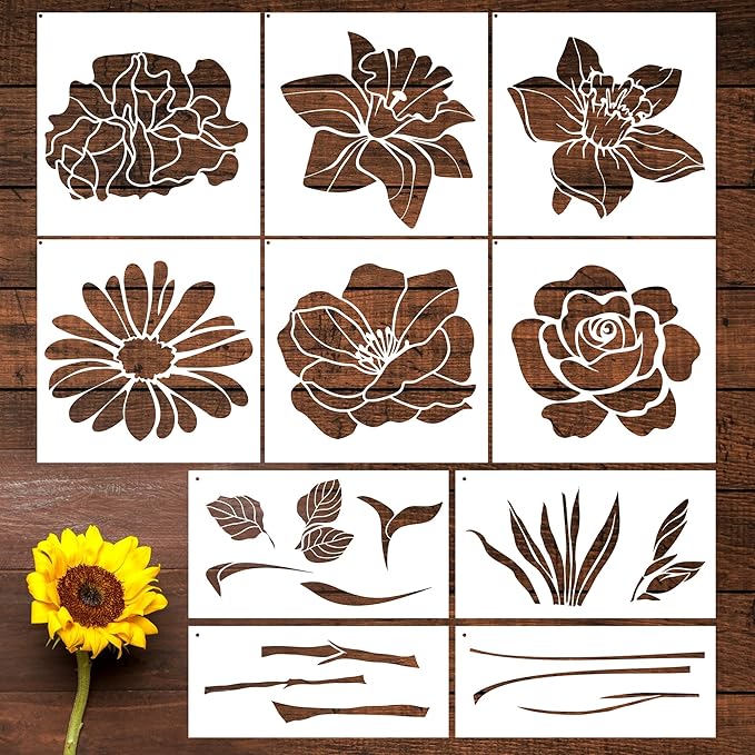 Large Flower Stencils for Painting - 10 Pcs, Reusable Templates for Wall, Wood, Furniture & More