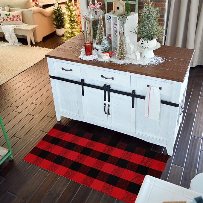 Christmas Door Mat Outdoor 24"x51"Buffalo Plaid Christmas Decor Rug Cotton Hand-Woven Layered Door Mats Washable Carpet for Front Porch, Kitchen, Farmhouse, Entryway