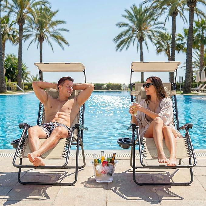 Magshion Zero Gravity Chair with Canopy Set of 2, Reclining Outdoor Patio Lounge Chair, Folding Anti Gravity Recliner, Portable Lounger with Removable Cup Holder Side Tray and Pillow Headrest (Cream)