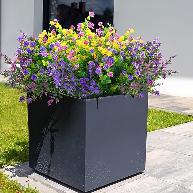 Hananona Artificial Flowers Outdoor, Faux Artificial Plants UV Resistant Plastic Flower Bulk for Hanging Planter Porch Window Home Wedding Fall Summer Decor (48, Fuchsia, Purple, Yellow, Green)