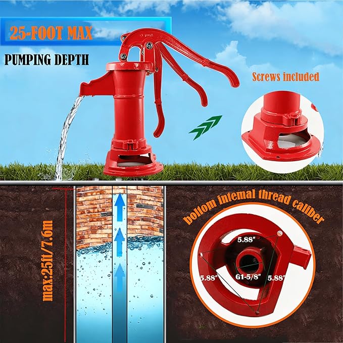 Durable Antique Cast Iron Pitcher Pump: Manual Hand Shake Suction Well Pump for Water Transfer, 25ft Maximum Lift, Easy Installation, Suitable for Outdoor Gardens, Ponds, and Backyards. (Red)