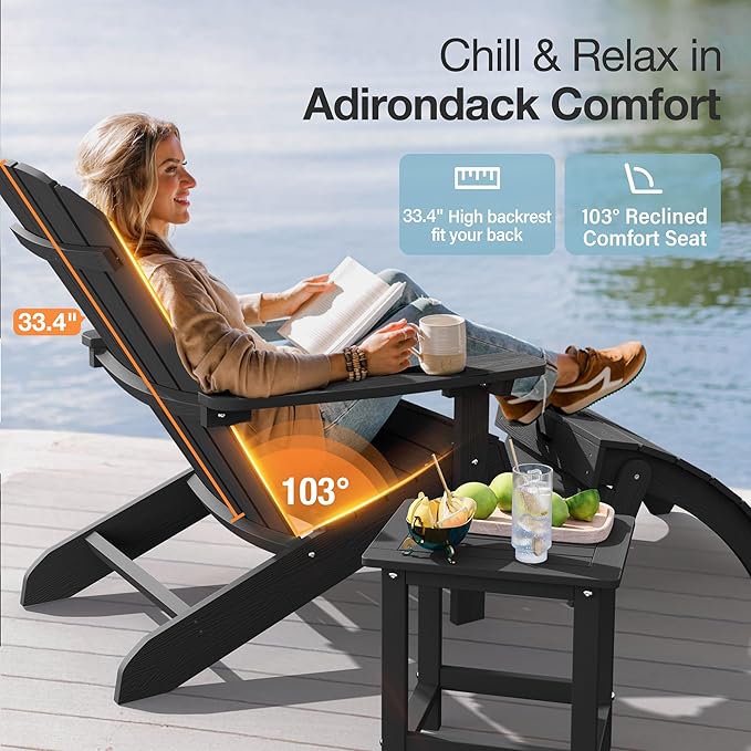 YEFU Adirondack Chair Weather Resistant: Outdoor Chair HIPS Plastic Adirondack Chairs - Patio Chairs with Wood Texture - Lawn Fire Pit Deck Porch Garden Chairs for Adults (Black)